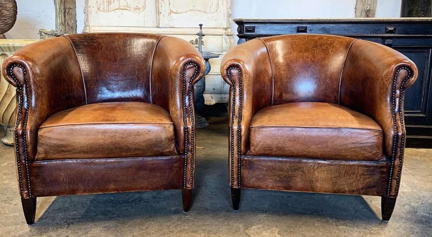 PAIR OF VINTAGE DUTCH LEATHER ARMCHAIRS