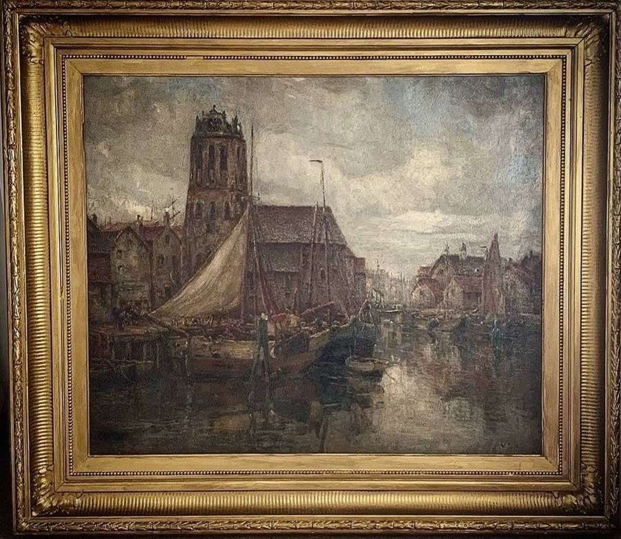 LARGE 19TH CENTURY DUTCH OIL PAINTING OF BOATS