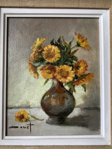 Oil On Panel Of Sunflowers By Pierre Douet