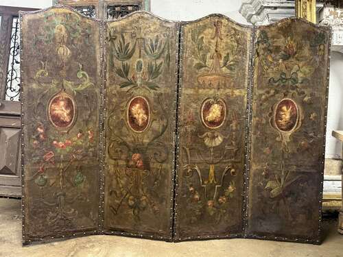 19th Century Painted Leather Folding Screen