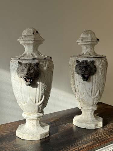 Pair Of French Enamelled Cast Iron Urns