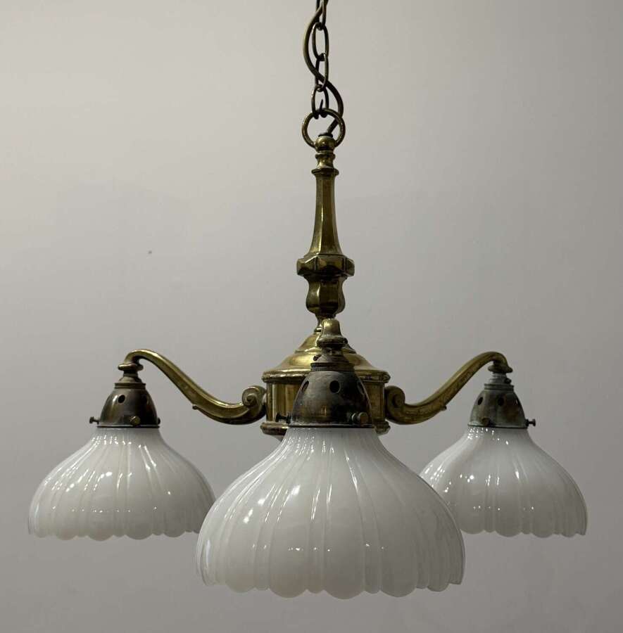 Antique Edwardian Brass & Moonstone Electrolier Ceiling Light