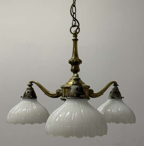 Antique Edwardian Brass & Moonstone Electrolier Ceiling Light