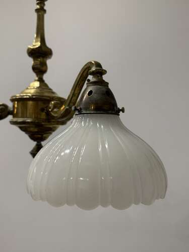 Antique Edwardian Brass & Moonstone Electrolier Ceiling Light