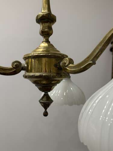 Antique Edwardian Brass & Moonstone Electrolier Ceiling Light