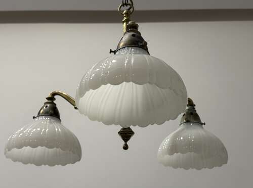 Antique Edwardian Brass & Moonstone Electrolier Ceiling Light