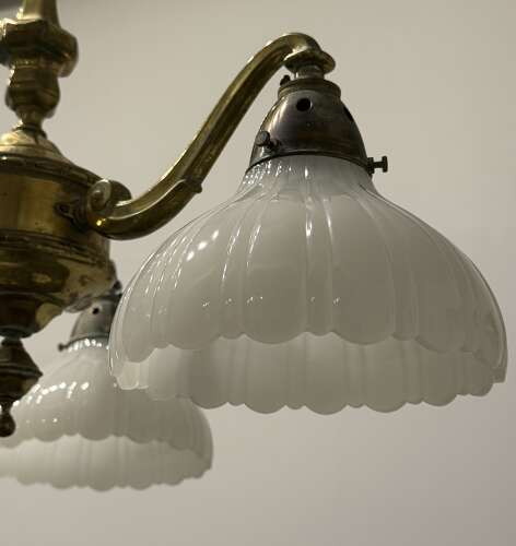 Antique Edwardian Brass & Moonstone Electrolier Ceiling Light