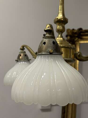 Antique Edwardian Brass & Moonstone Electrolier Ceiling Light