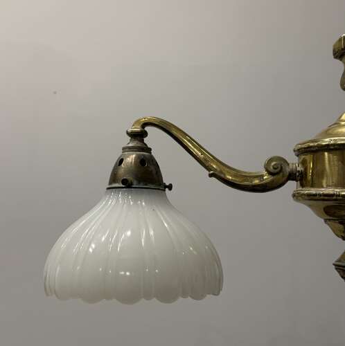 Antique Edwardian Brass & Moonstone Electrolier Ceiling Light