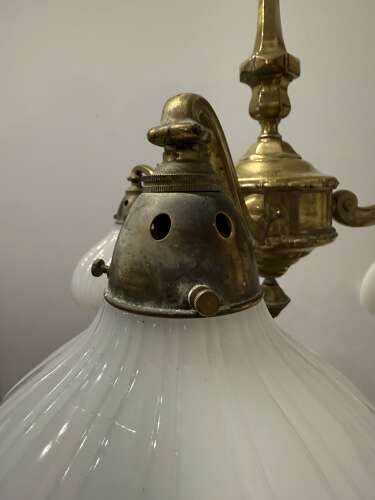 Antique Edwardian Brass & Moonstone Electrolier Ceiling Light