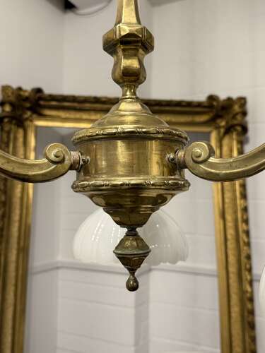 Antique Edwardian Brass & Moonstone Electrolier Ceiling Light