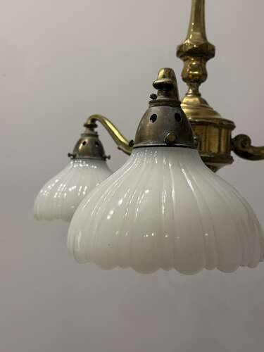 Antique Edwardian Brass & Moonstone Electrolier Ceiling Light